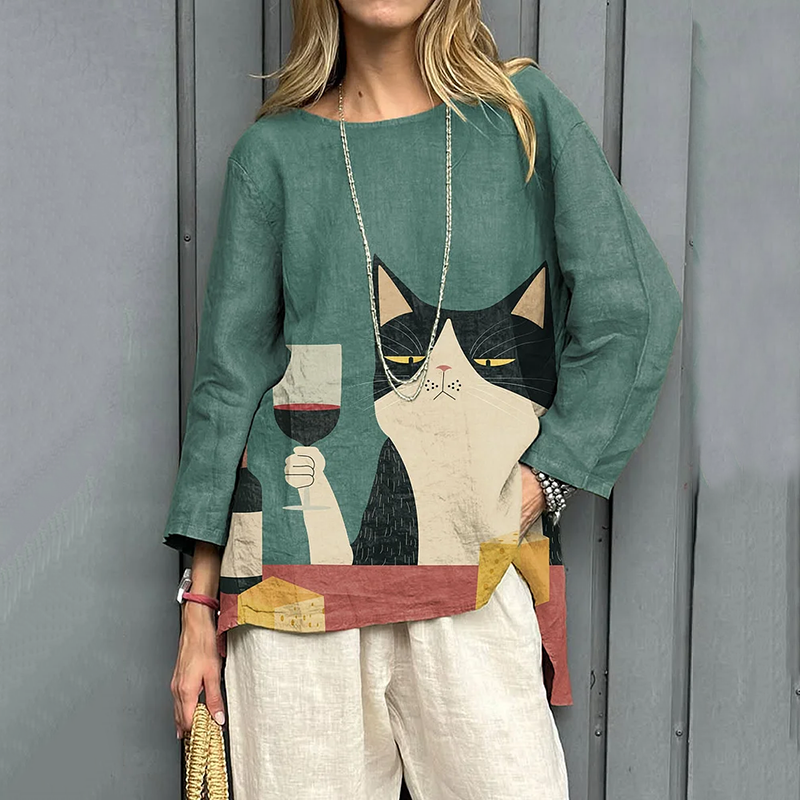 Women's Vintage Color Block Cat Art Print Linen T-shirt