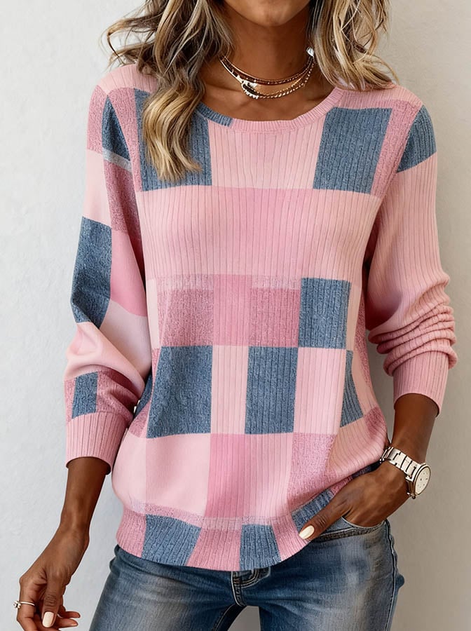 Women'S Casual Round Neck Patchwork Pullover Sweatshirt