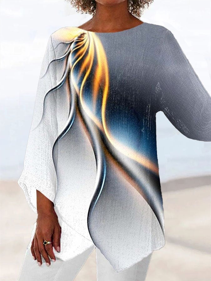 Women's Casual Gradient Pattern Print Round Neck Long Sleeve Irregular Hem Top