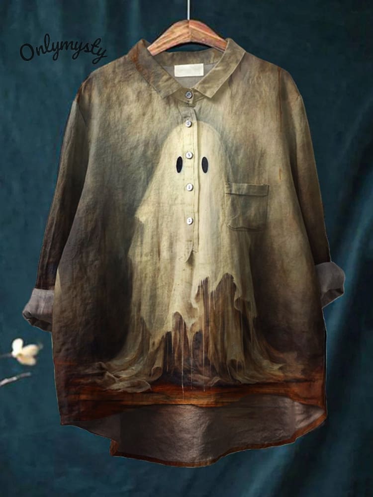 Women's Halloween Ghost Art Print Casual Cotton And Linen Shirt