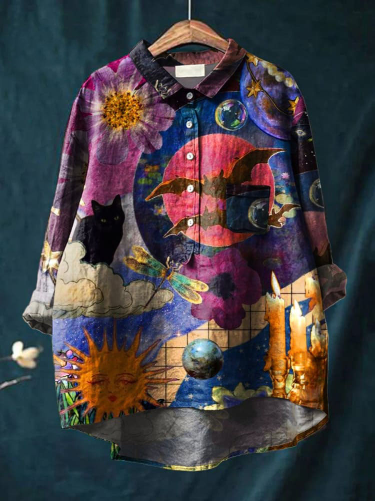 Women's Retro Art Print Casual Cotton And Linen Shirt
