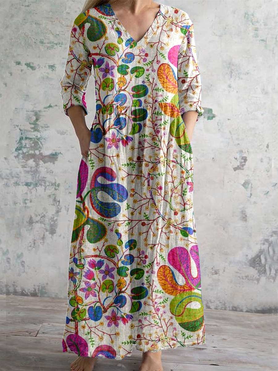 Women's V-neck Abstract Art Floral Pattern Collar Cotton Dress With Pockets