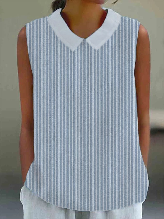 Women's Casual Lapel Striped Sleeveless Cotton and Linen Top