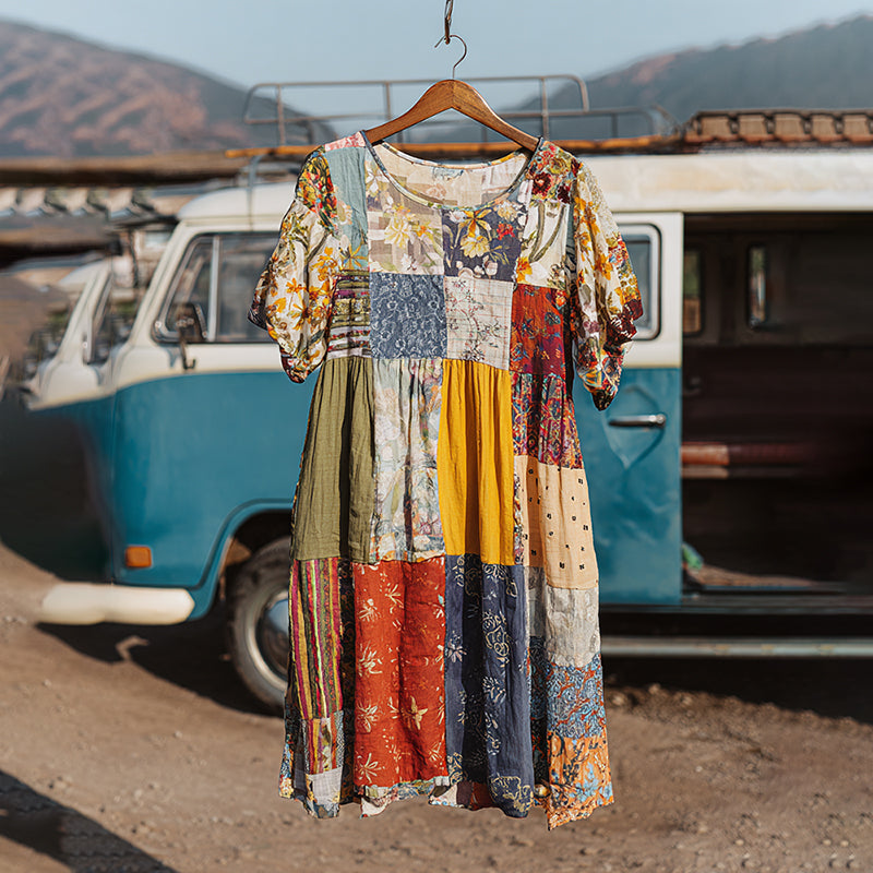 Countryside Style Collection Classy Patchwork Floral Pattern Art Linen Midi Dress