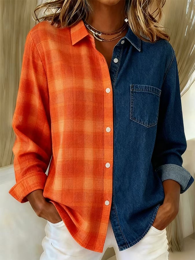 Women's Casual Lapel Plaid Splicing Shirt