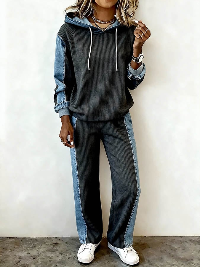 Women'S Casual Color-Blocked Hooded Two-Piece Set