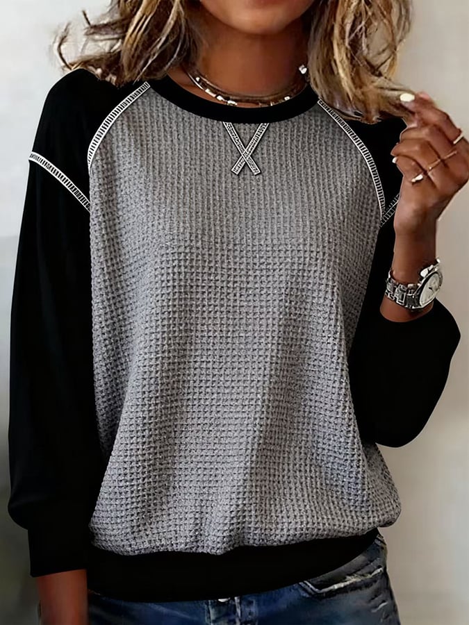 Women's Casual Crew Neck Contrast Waffle Sweatshirt