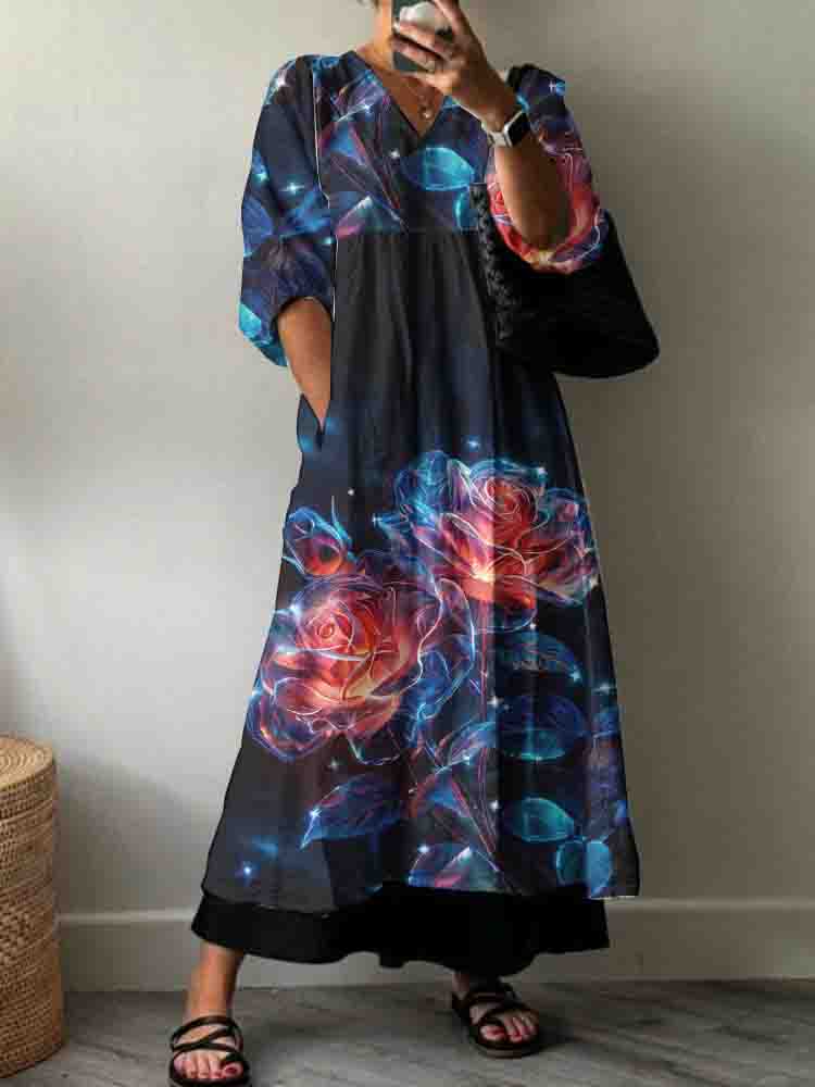 Women'S Holiday Rose Floral Pattern Cotton Dress