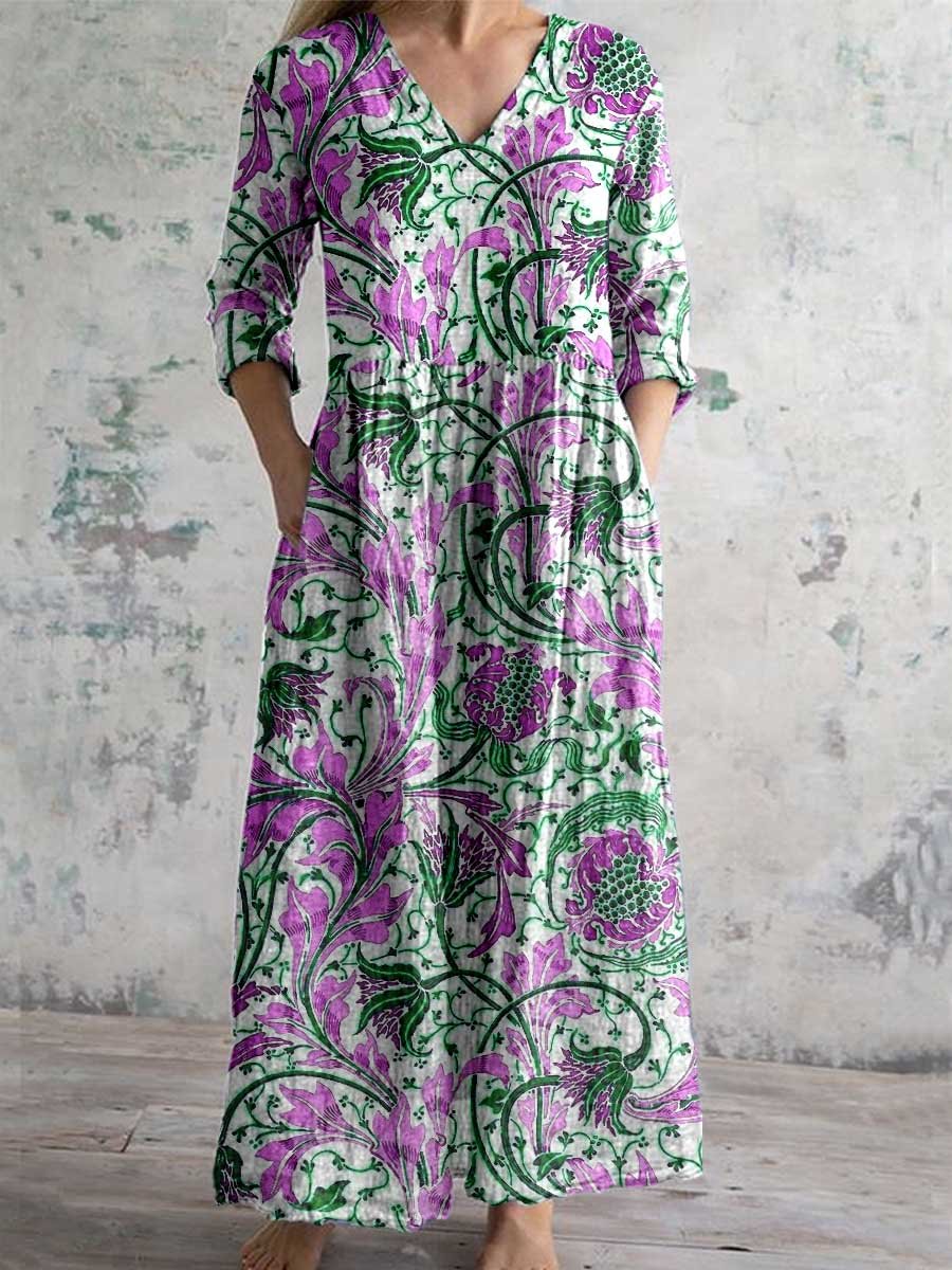 Women's V-neck Abstract Art Floral Pattern Collar Cotton Dress With Pockets