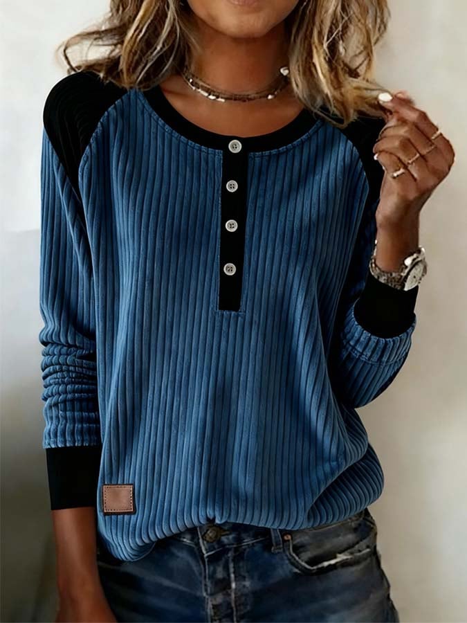 Women'S Casual Contrast Color Corduroy Long Sleeve Top