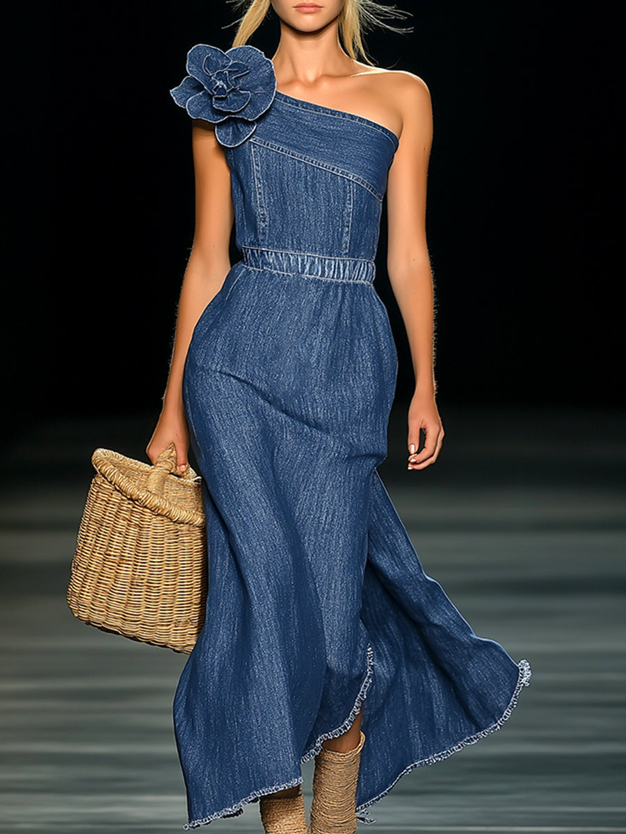 Elegant Strapless Denim 3D Floral Maxi Dress