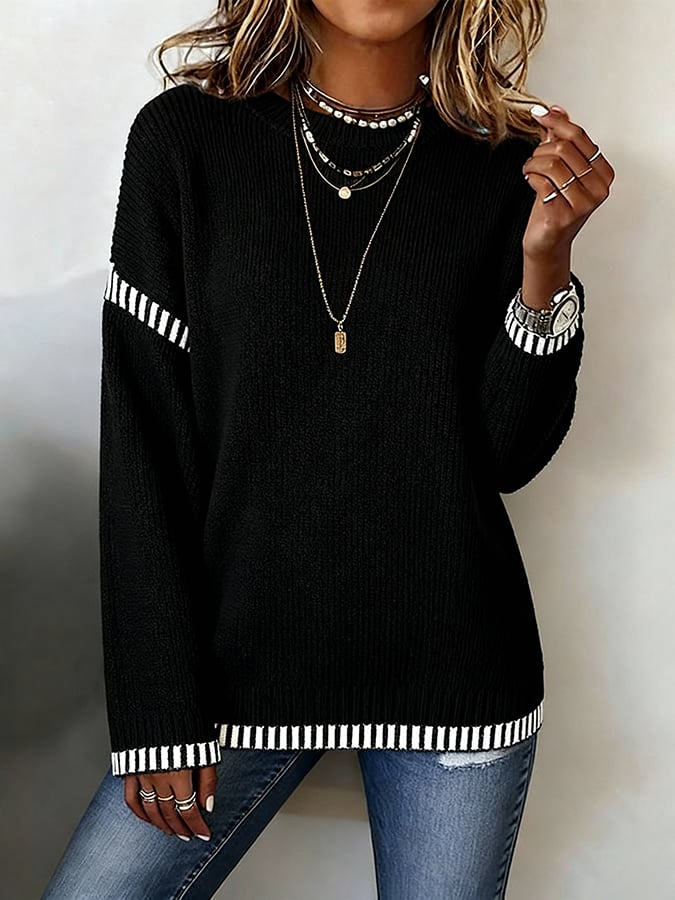 Women'S Casual Round Neck Contrast Color Knitted Top