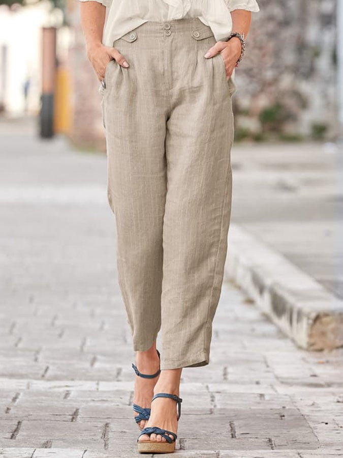 Women'S Pocket Cotton And Linen Casual Trousers