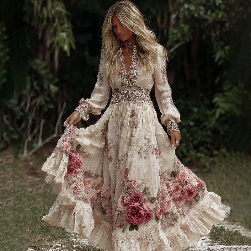 Women's Vintage Pink Roses Embroidery Art V-neck Long Sleeves Maxi Dress