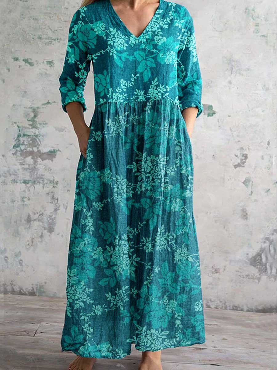 Women's Elegant Simple Floral V-Neck Cotton and Linen Dress with Pocke
