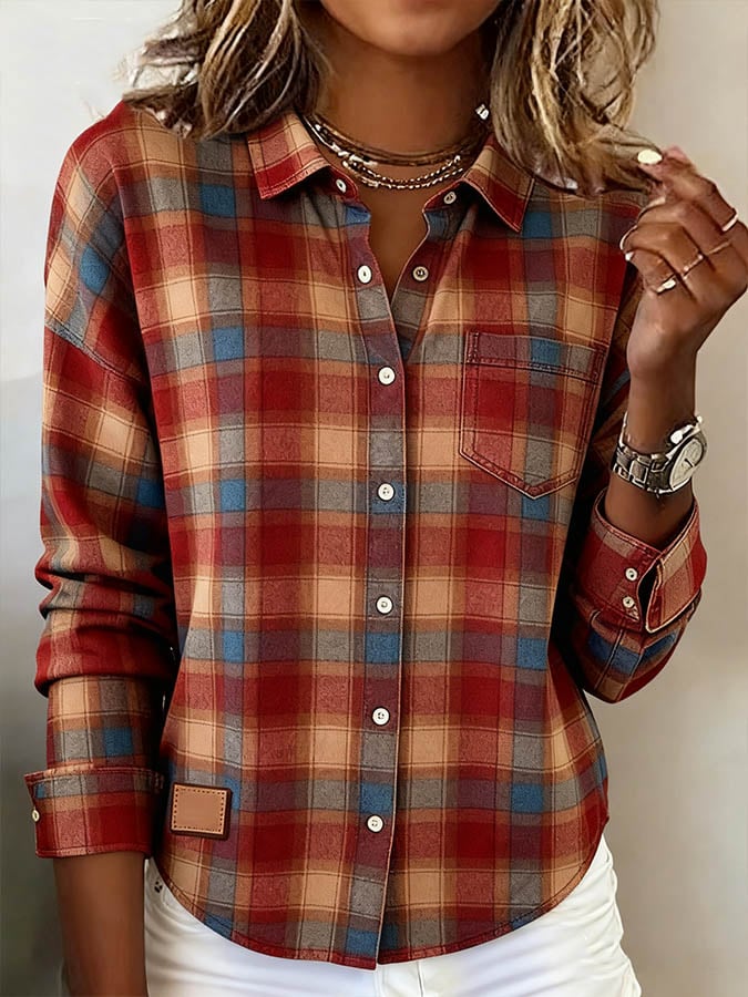 Women's Casual Contrast Plaid Print Shirt