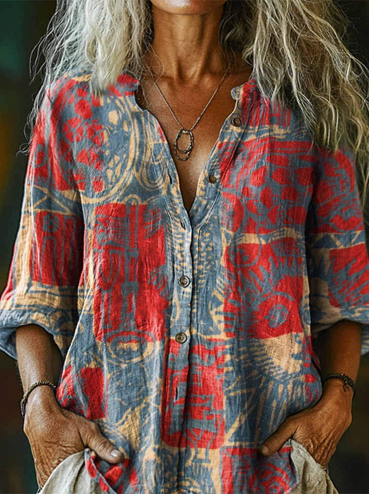 Women's Bohemian Ethnic Collage Art Pattern Print Casual Cotton Linen