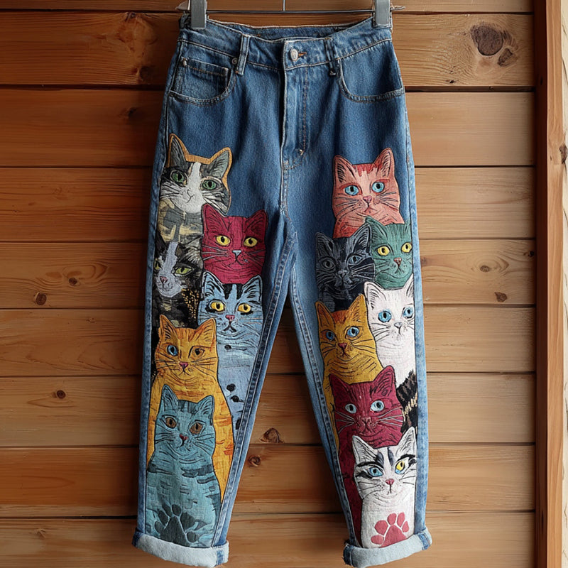 Retro Colored Cat Embroidered Washed Jeans