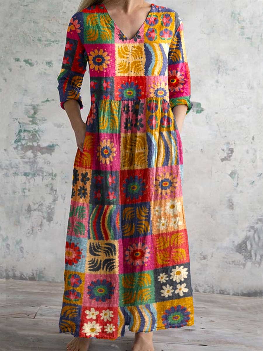 Women's V-neck Abstract Art Floral Pattern Collar Cotton Dress With Pockets
