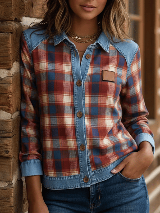 Women'S Casual Lapel Contrast Color Stitching Shirt