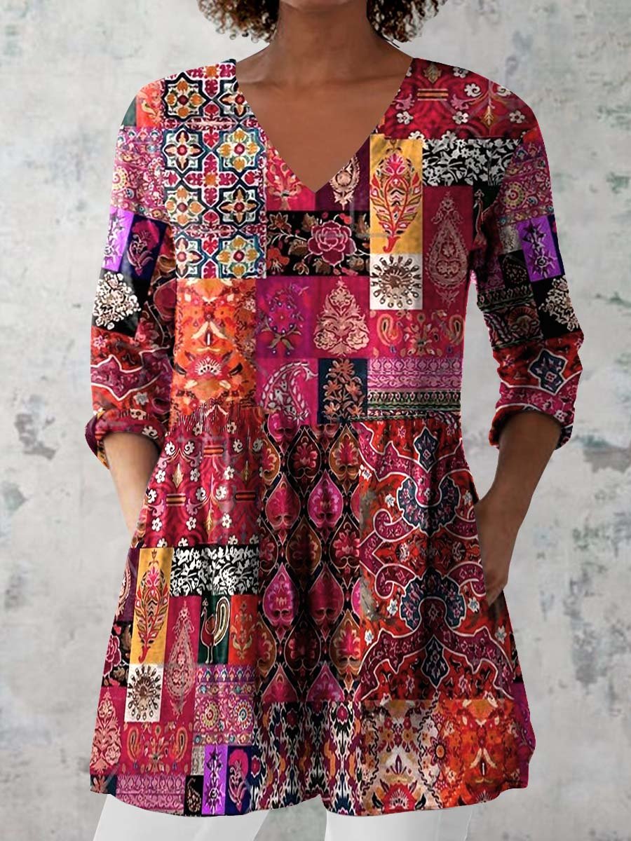 Women's Retro Floral Art Print Casual Cotton And Linen V-neck Top