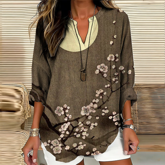 Comstylish Japanese Style Moonlit Plum Leisure V-neck Cotton And Linen Top
