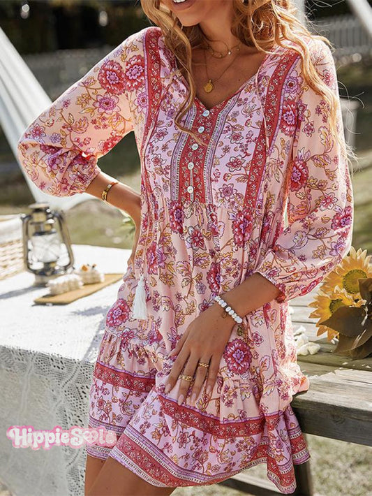 Bohemian Casual Holiday Style V-neck Dress Short Skirt