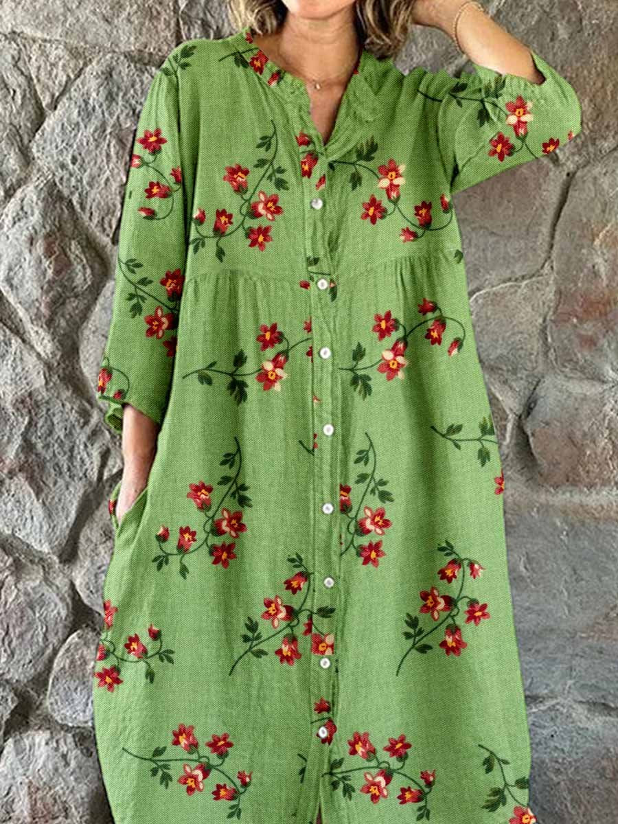 Women's Elegant Vintage Rose Floral Pattern Shirt Style Cotton and Lin