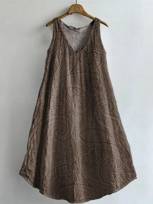 Women's Retro Paisley Floral Art Print V-neck Pocket Cotton Dress