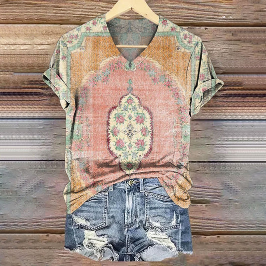 Women's Ethnic T-shirt with Art Print V-Neck