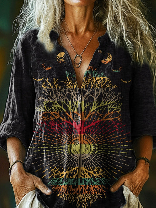 Women's Phases of the Moon Retro 60's 70's Vibe Tree of Life Print Cas