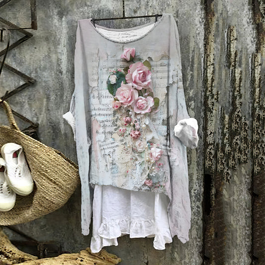 Comstylish Women's Floral Musical Notes Embroidery Art Linen Blend Vintage Shirt