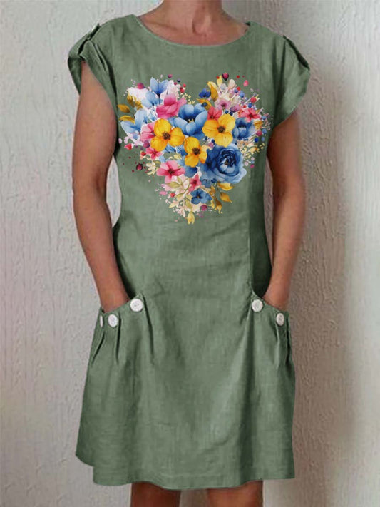 Women's Classic Floral Pattern Cotton and Linen Dress