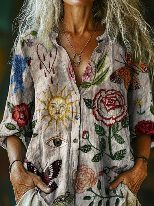 Women's Vintage Sun Floral Art Pattern Print Casual Cotton Linen Shirt