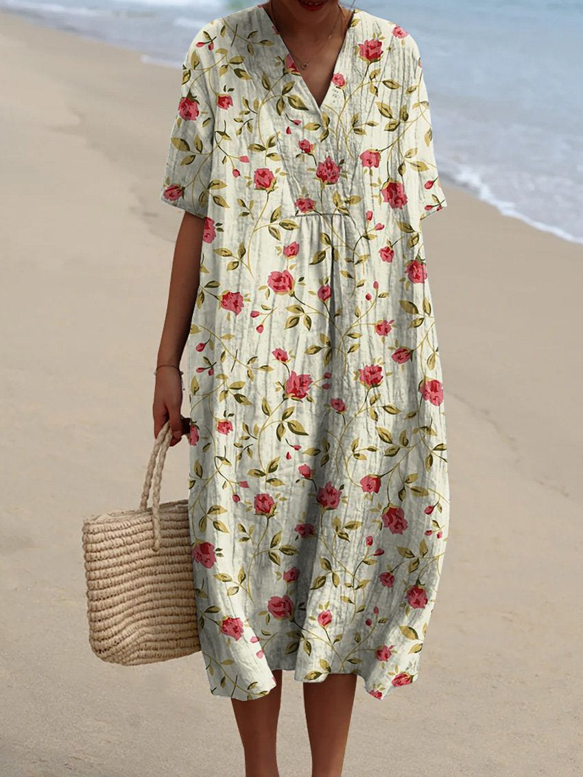Vintage Style Petite Rose Pattern Printed Women's Flowy Dress