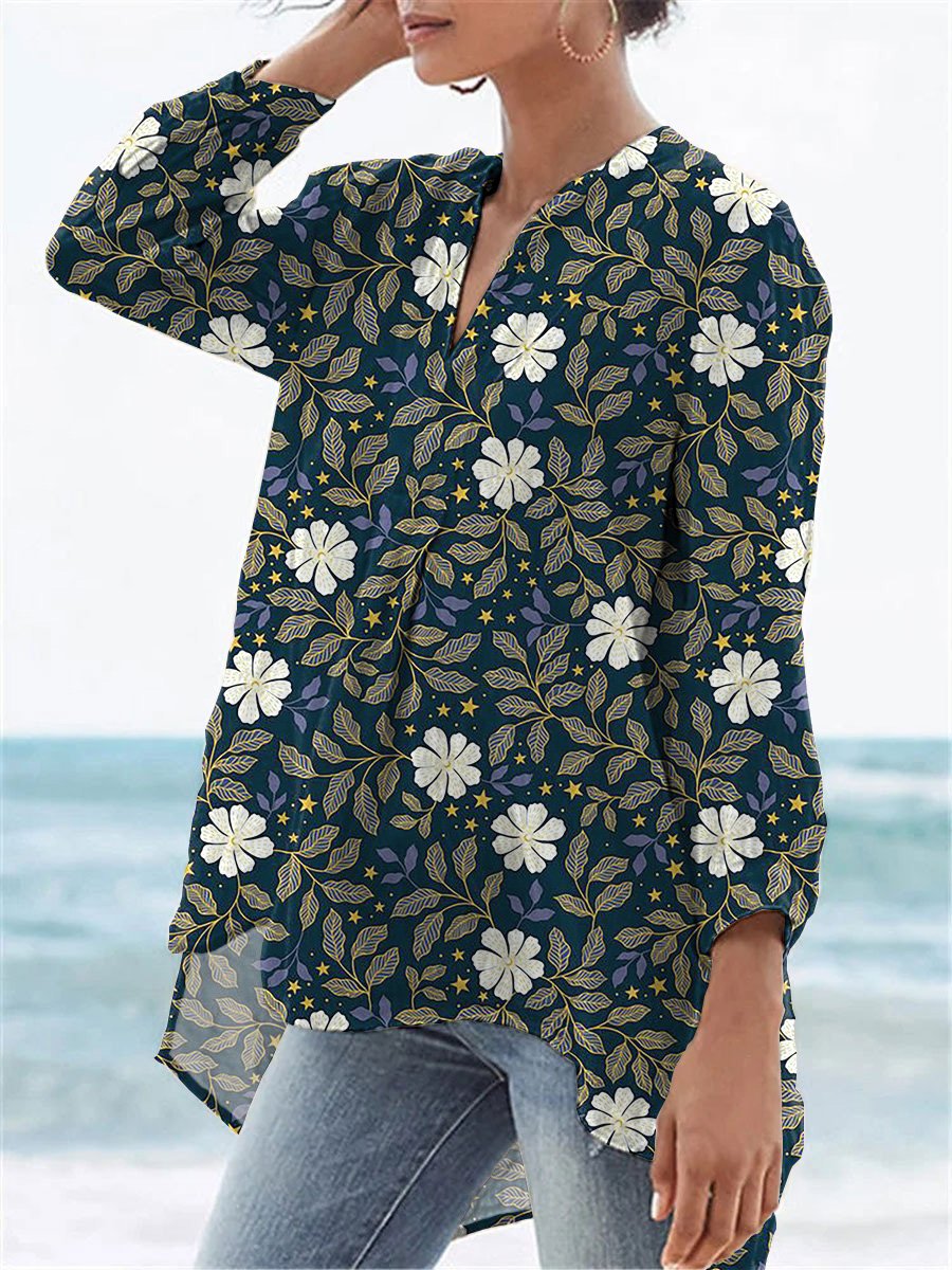 Midnight White Floral Pattern Printed Women's Casual Linen V-neck Shirt