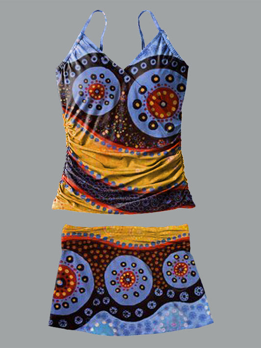Retro Pattern V-Neck Vintage Flowers Print Suspender Skirt Tankini Pantskirt Set Swimsuit