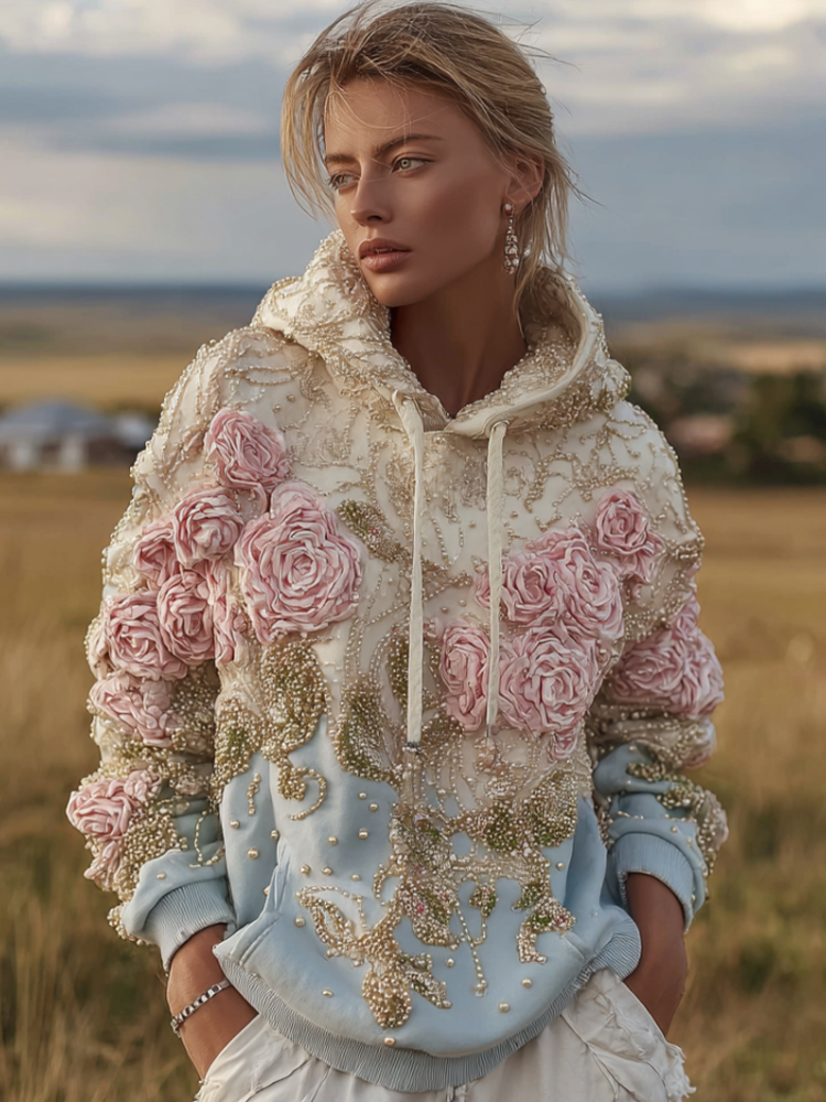 Bohemian Style Plant And Flower Embroidery Pattern Women's Hooded Sweatshirt