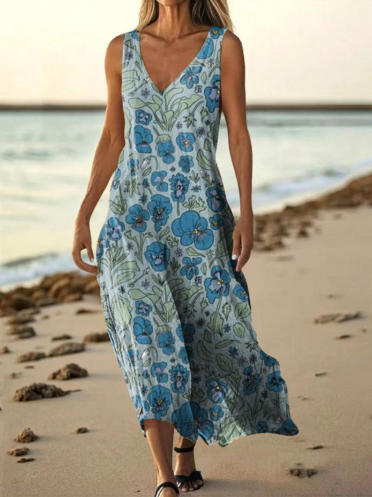 Women's Vintage Floral Art Print Pocket Cotton Dress