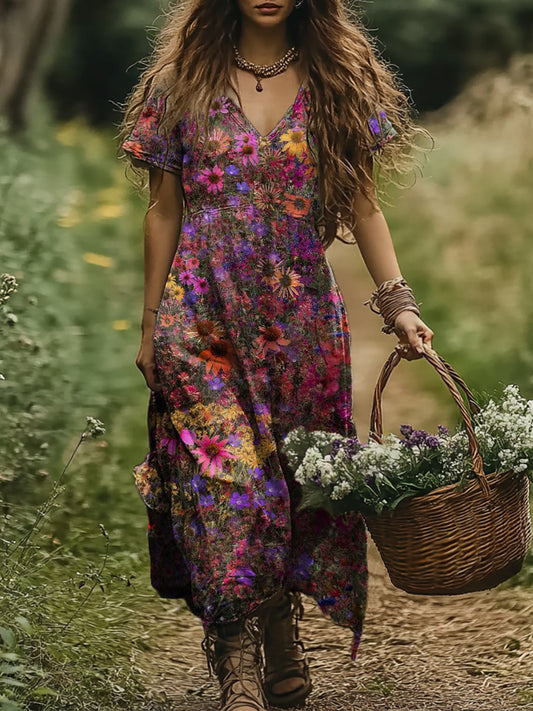 Women's Art Floral Vintage Print V-Neck Dress
