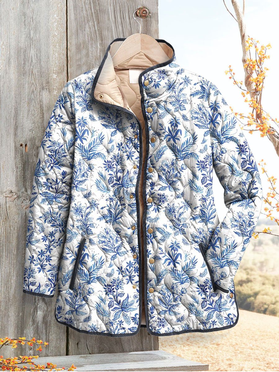 Women's Vintage Floral Art Print Casual Quilted Cardigan