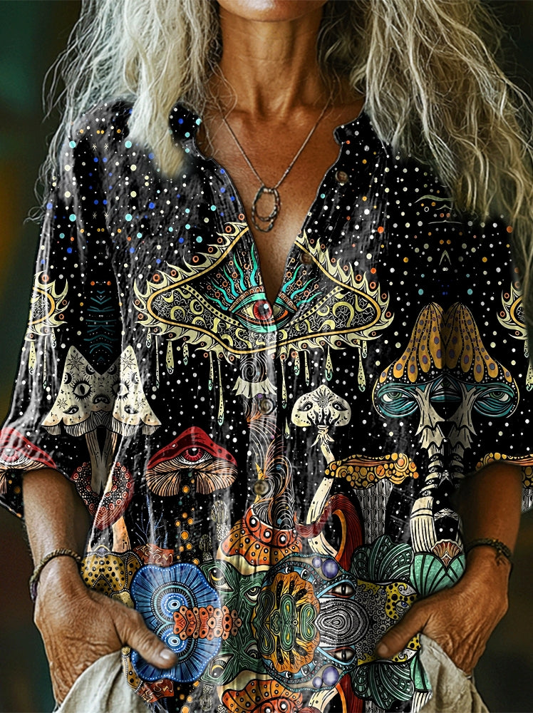 Women's Hippie Mushroom Art Print Casual Cotton And Linen Shirt