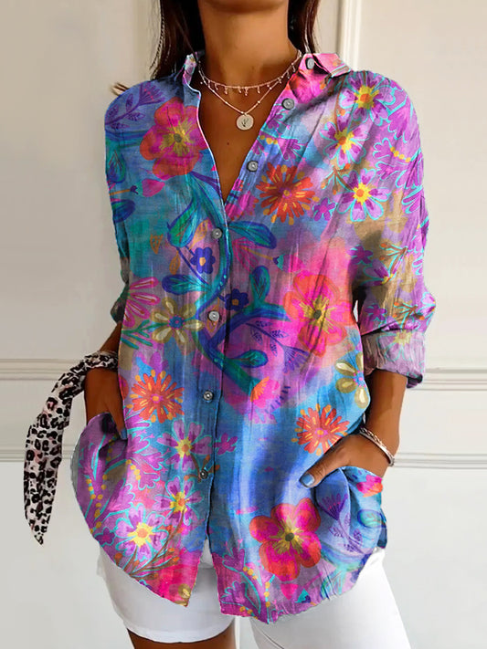 Women's Bohemian Floral Art Print Casual Cotton Shirt