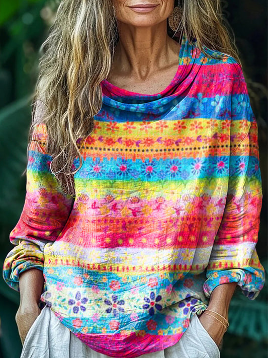 Women's Vintage Floral Patchwork Art Print Casual Long Sleeve Comforta