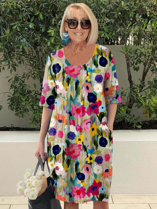 Vintage Floral Print Pocket Belted Midi Dress