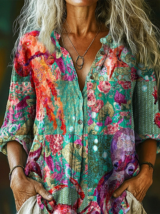 Women's Octopus Garden Art Pattern Print Casual Cotton Linen Shirt