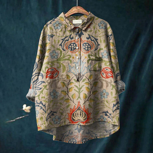 Comstylish Women's Vintage Ethnic Floral Art Print Casual Cotton Linen Shirt