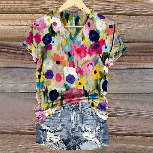 Women's Vintage Floral Art Print V-neck Casual T-Shirt