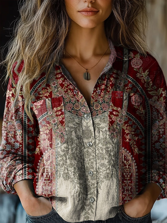 Women's Floral Patchwork Art Print Casual Long Sleeve Comfortable Cott