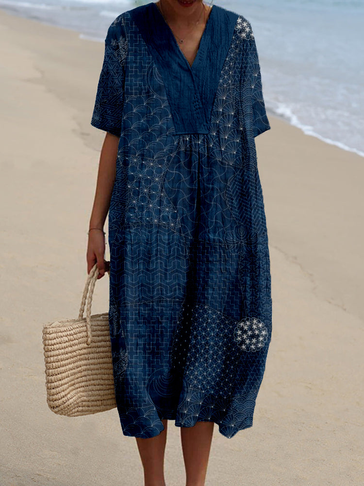 Japanese Traditional Sashiko Art Linen Blend Midi Dress